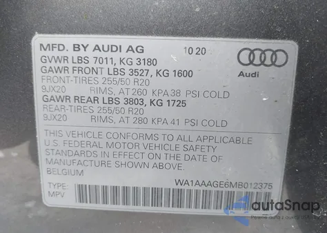 2021 Audi E-Tron Premium Quattro z USA, uszkodzony, nr VIN WA1AAAGE6MB012375